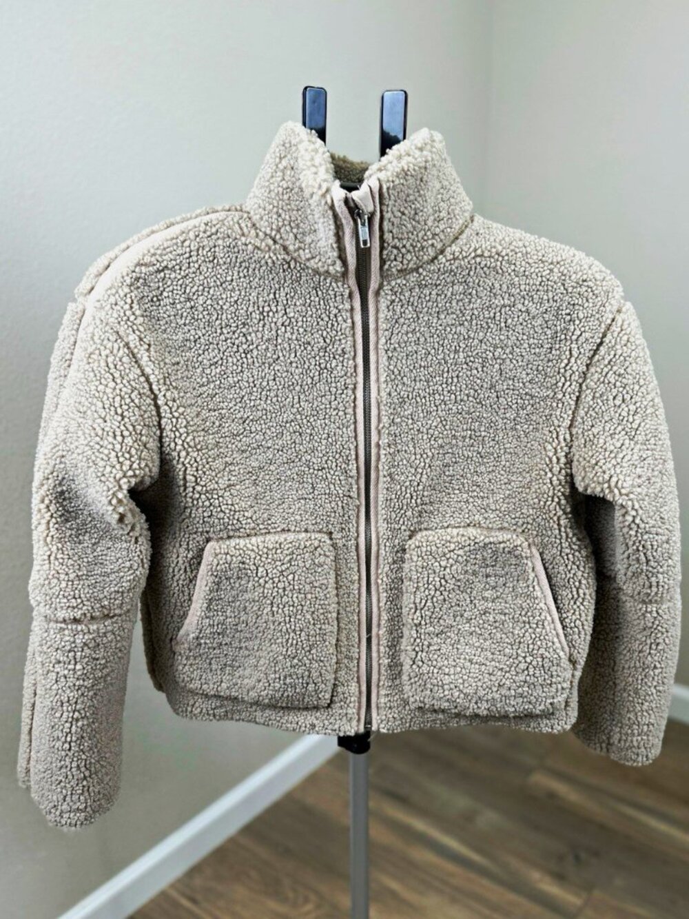 H&M Kids 12/14 Beige Teddy Sherpa Fleece Full Zip Jacket High Neck Pockets